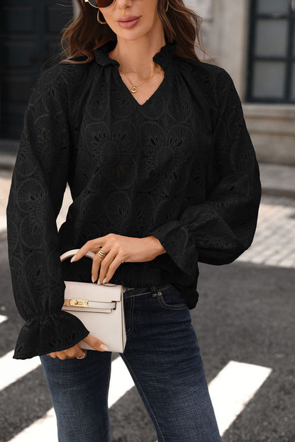 Eyelet Lace Blouse V Neck Puff Sleeve Top