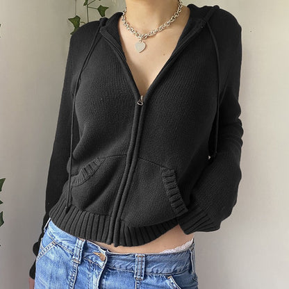 Women's Cropped Zip-Up Hooded Knit Cardigan with Pockets