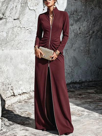 Ruched Mock Neck Zip Front Bodycon Slit Maxi Dress