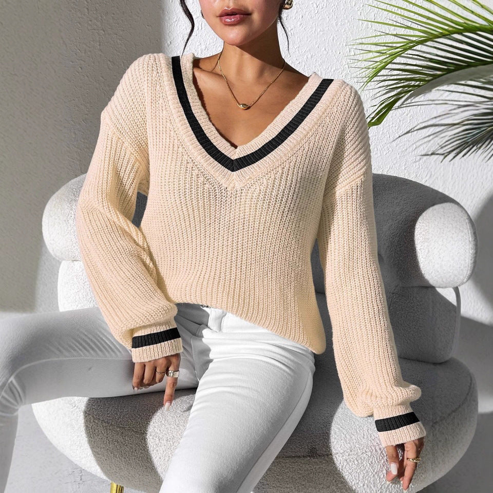 Oversized Preppy V-Neck Color Block Sweater