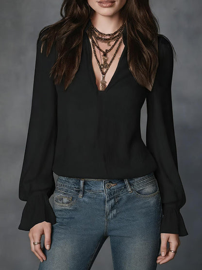 Women's V-Neck Collared Puff Sleeve Blouse Top