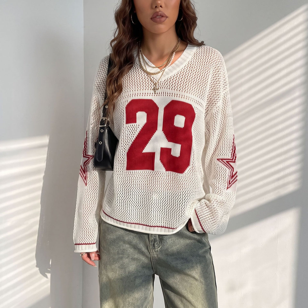 Women's Oversized Graphic V Neck Knit Sweater Streetwear