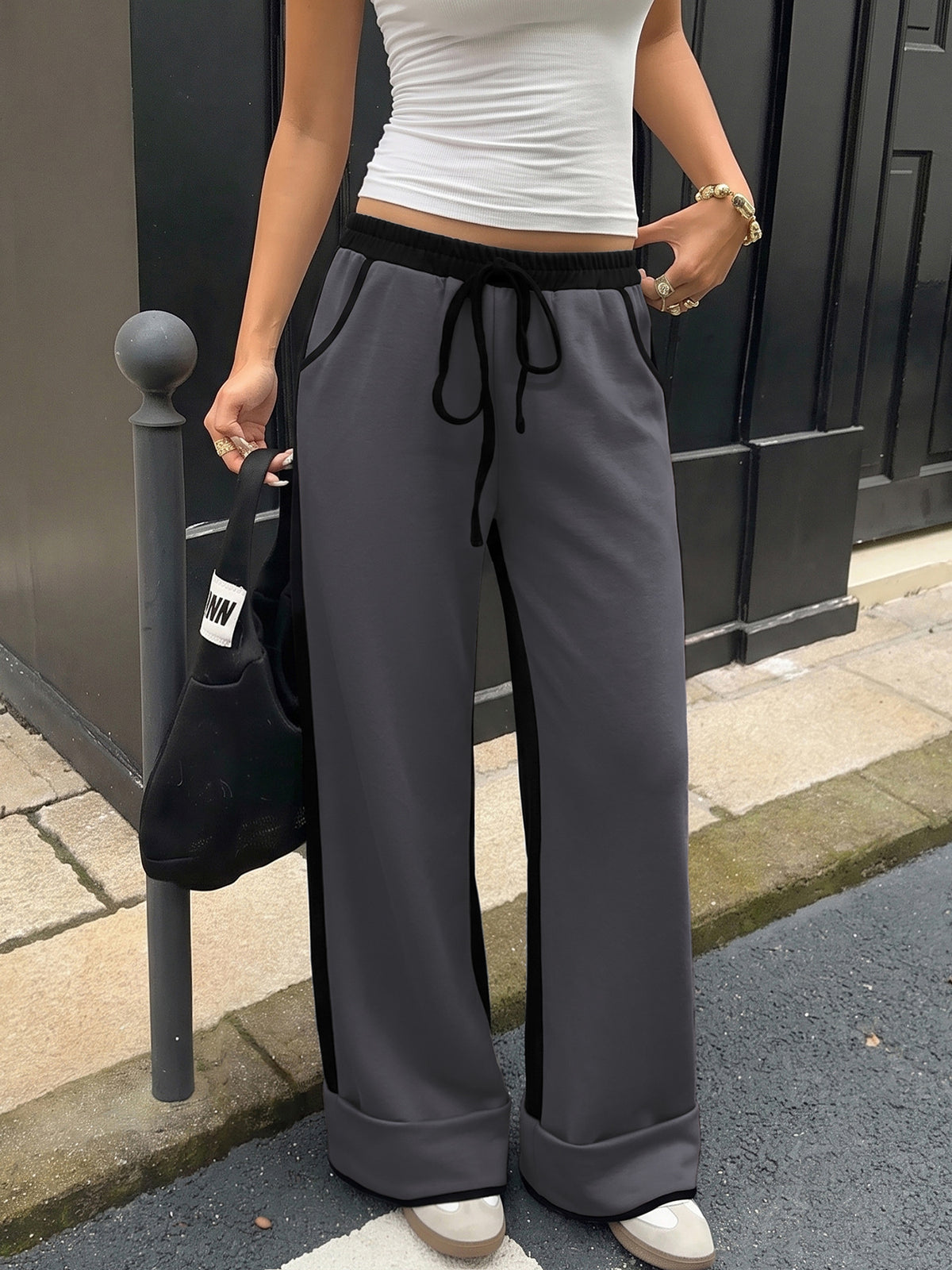 Women's High Waist Colorblock Wide Leg Sweatpants Pockets