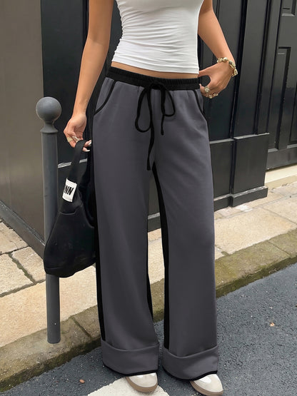 Women's High Waist Colorblock Wide Leg Sweatpants Pockets