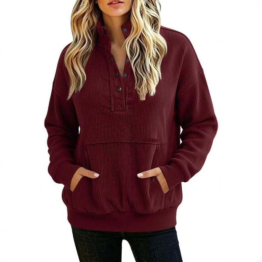 Corduroy Henley Sweatshirt Women Long Sleeve Button Pocket