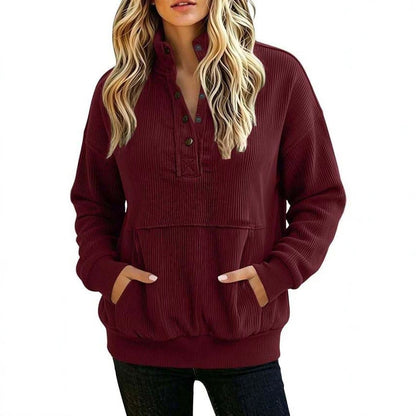 Corduroy Henley Sweatshirt Women Long Sleeve Button Pocket