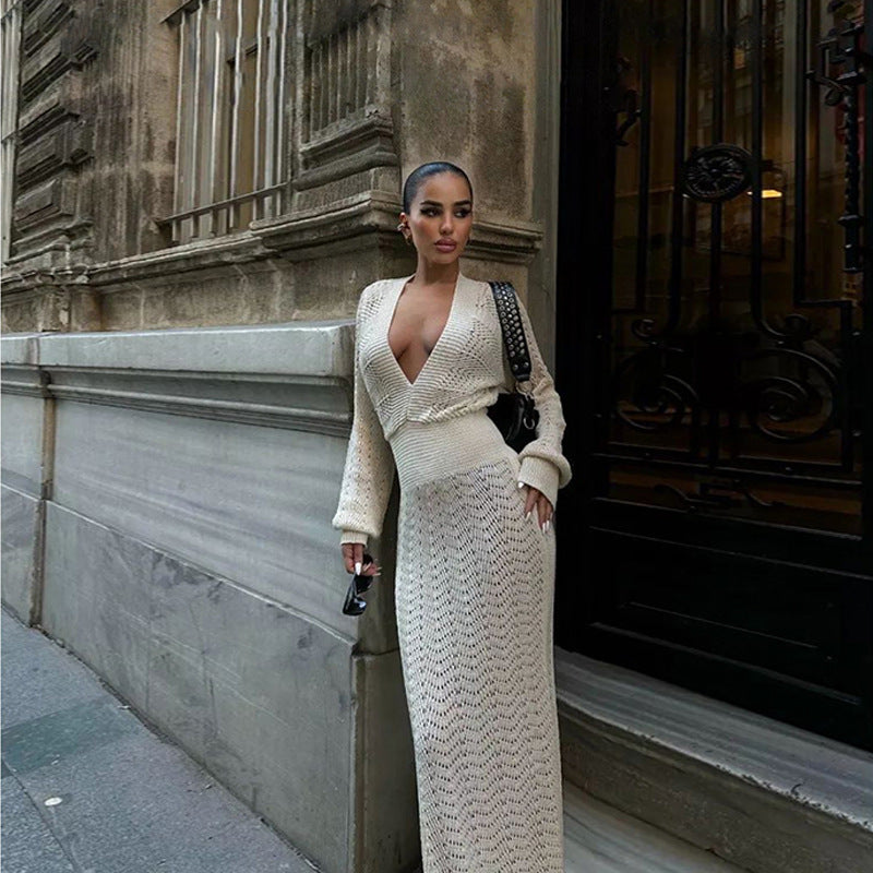 Crochet Deep V Neck Long Sleeve Maxi Dress Bodycon