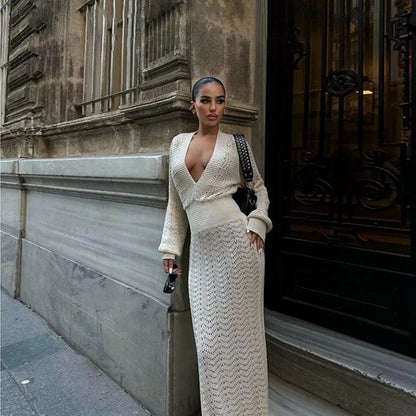 Crochet Deep V Neck Long Sleeve Maxi Dress Bodycon
