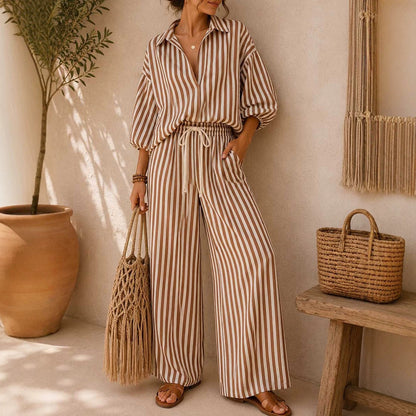 Striped Oversized Shirt Wide Leg Pants Set