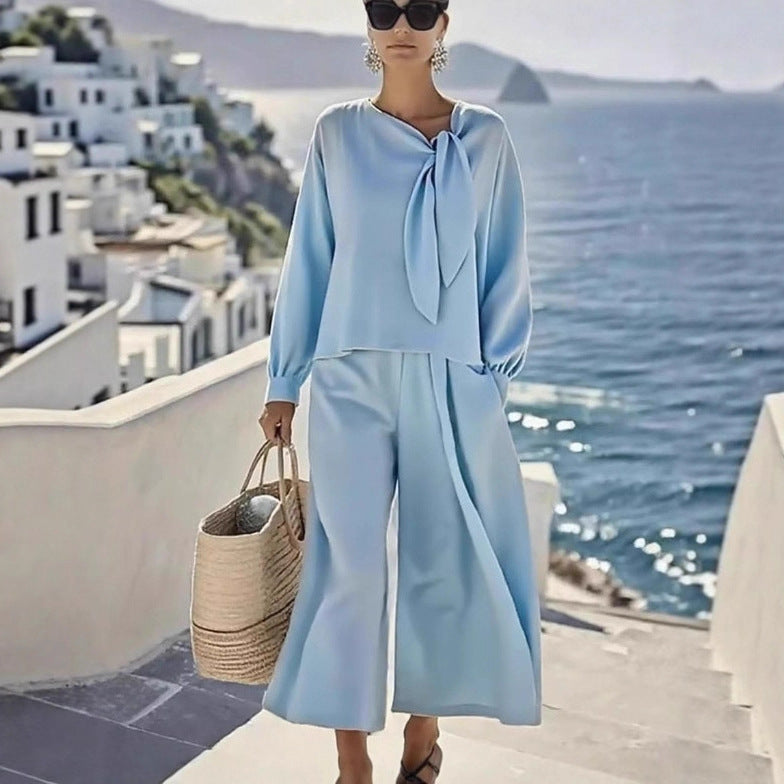 Women's Tie Neck Top Wide Leg Pants Two Piece Set