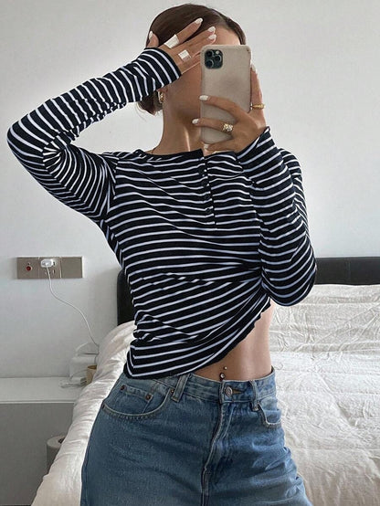 Striped thermal Henley top long sleeve fitted style