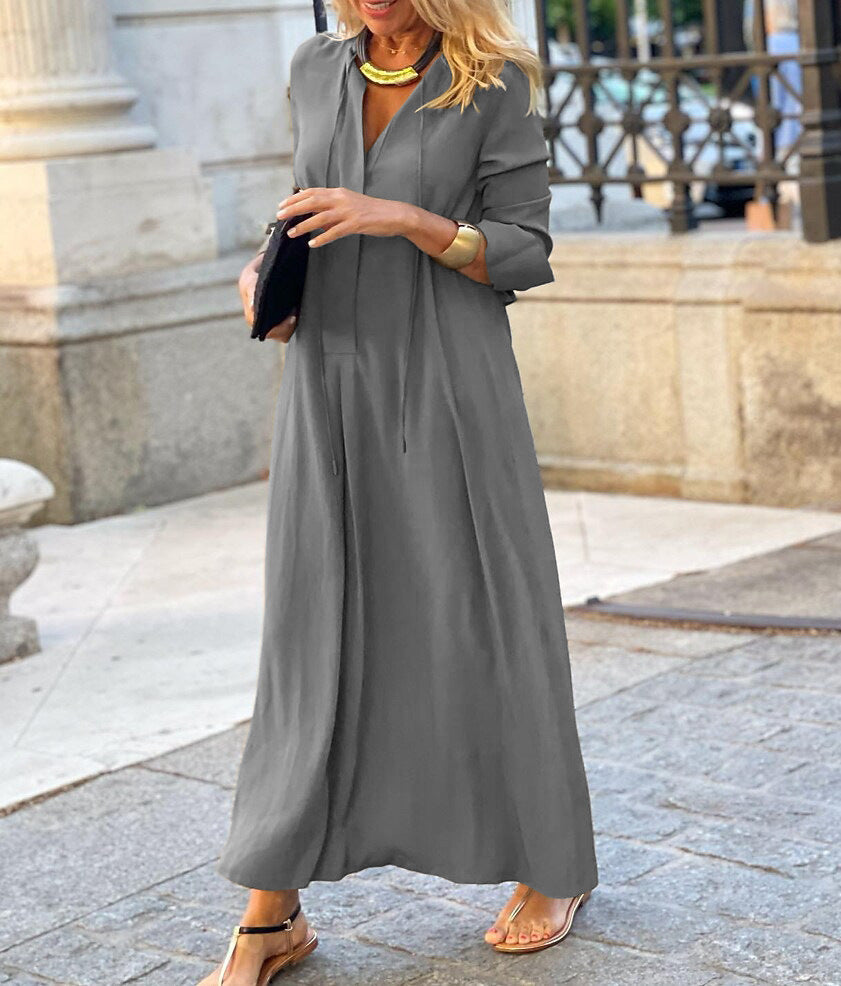 Women's Flowy Long Sleeve Maxi Shirt Dress With Pockets