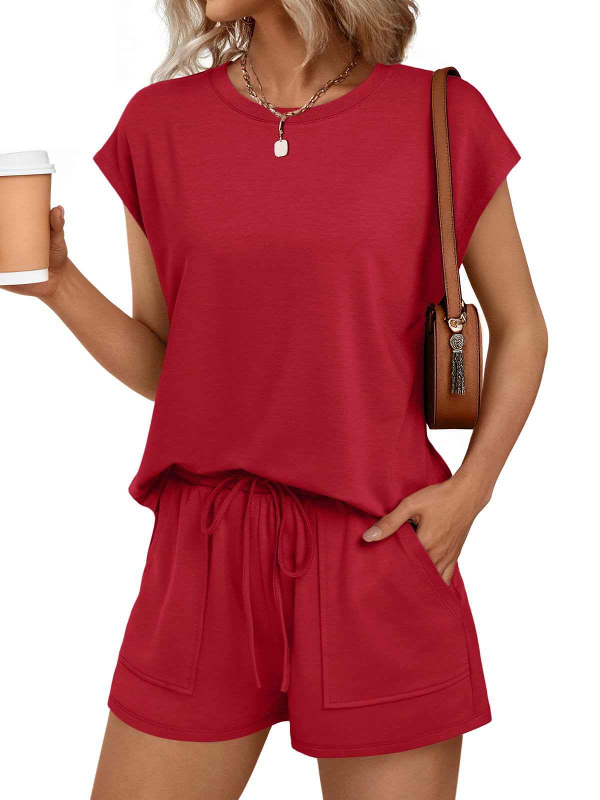 Solid Knit Shorts Set Crew Neck Pocket Lounge Outfit