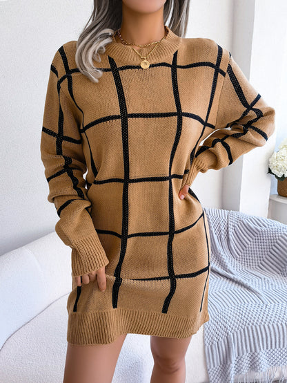Women's Plaid Knit Sweater Dress Long Sleeve Crew Neck Mini