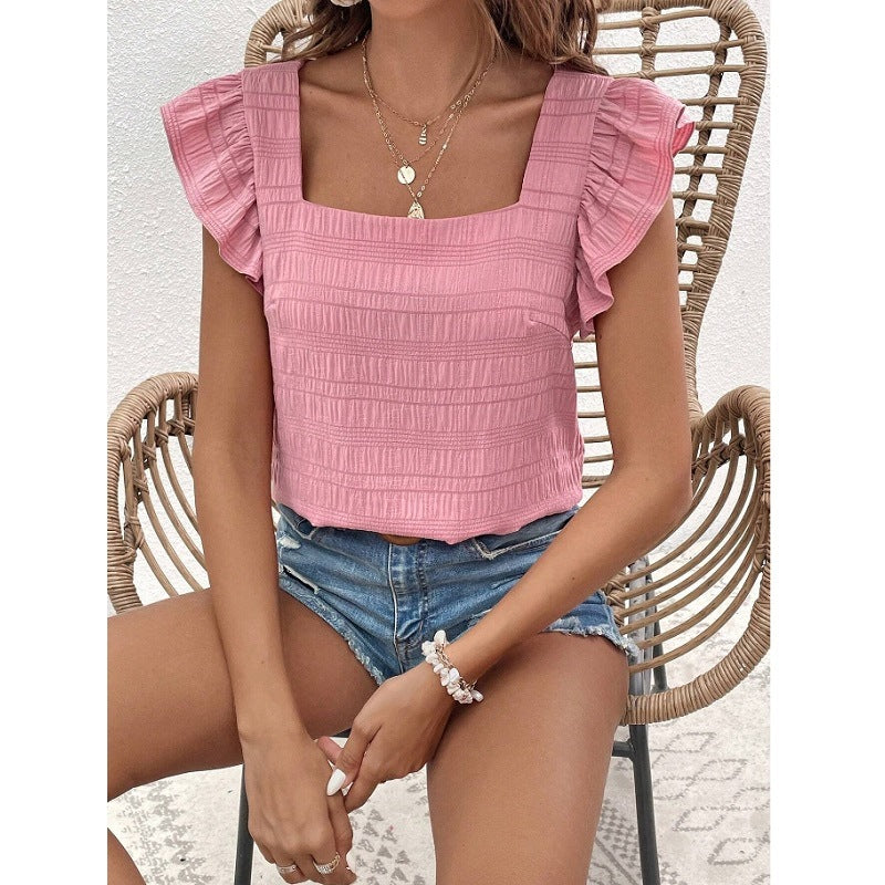 Women’s Square Neck Ruffle Sleeve Smocked Summer Top