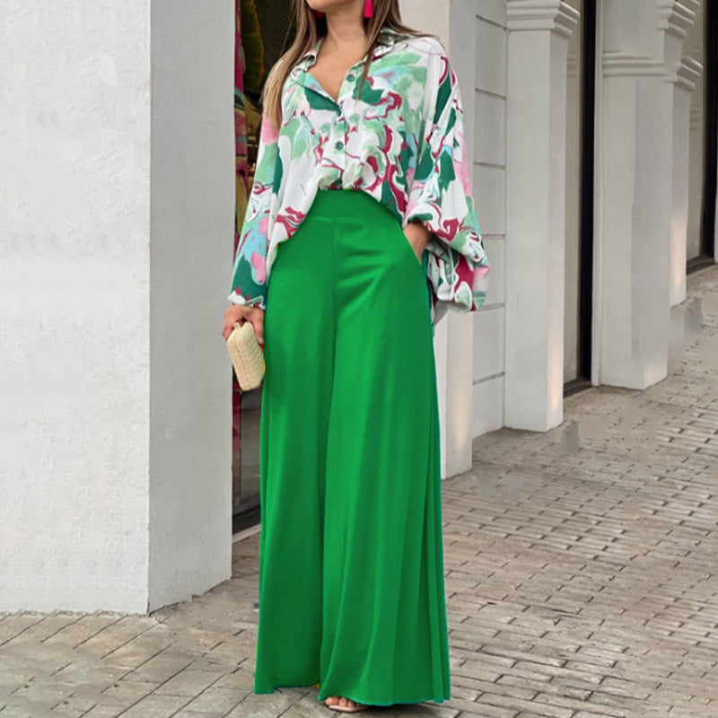 Women's Printed Blouse Wide Leg Pant 2 Piece Set