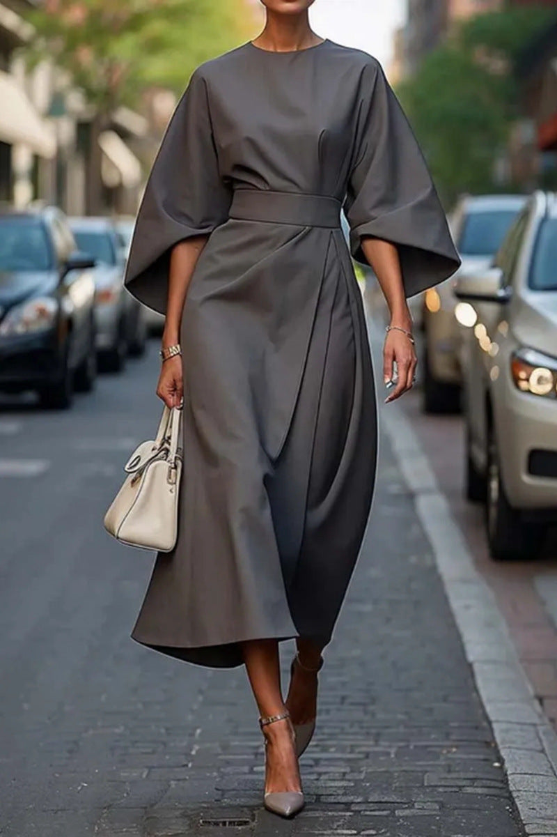 Elegant Batwing Sleeve Tie Waist Maxi Dress