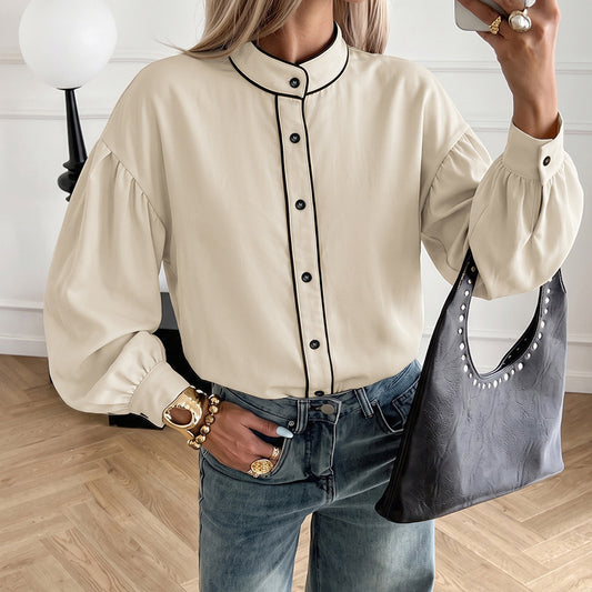 Contrast Trim Mandarin Collar Button Front Blouse