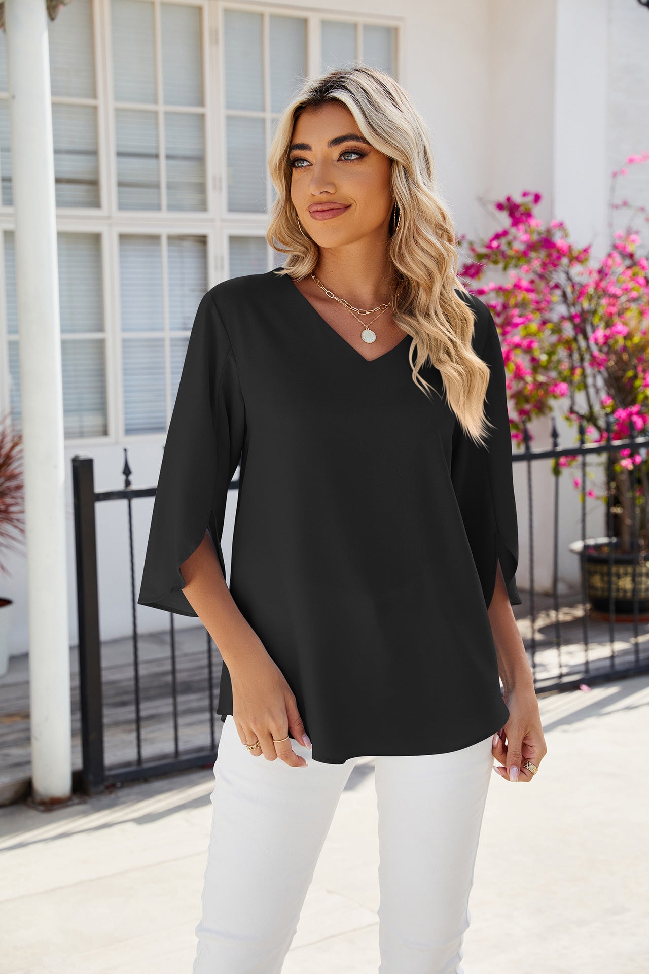 Solid Chiffon Blouse V Neck Loose Fit Custom Top