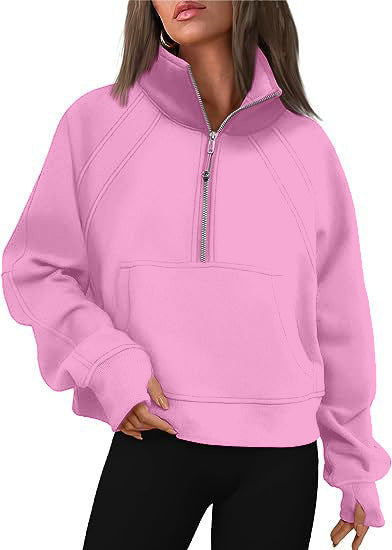 Oversized Half Zip Fleece Cropped Sweatshirt with Pocket