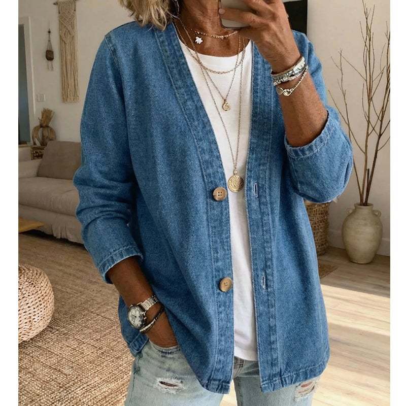 Women's Oversized V-Neck Denim Button Down Shirt