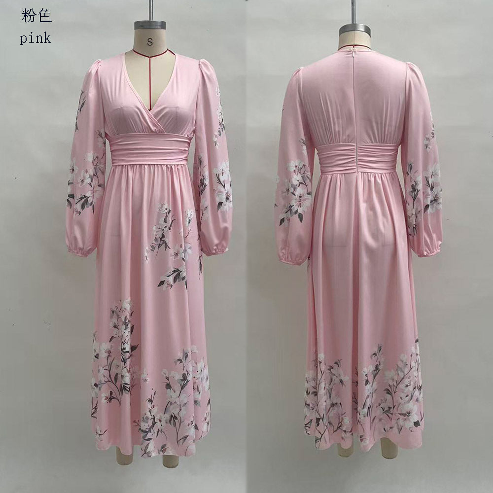 Floral V Neck Pleated Long Sleeve Maxi Dress