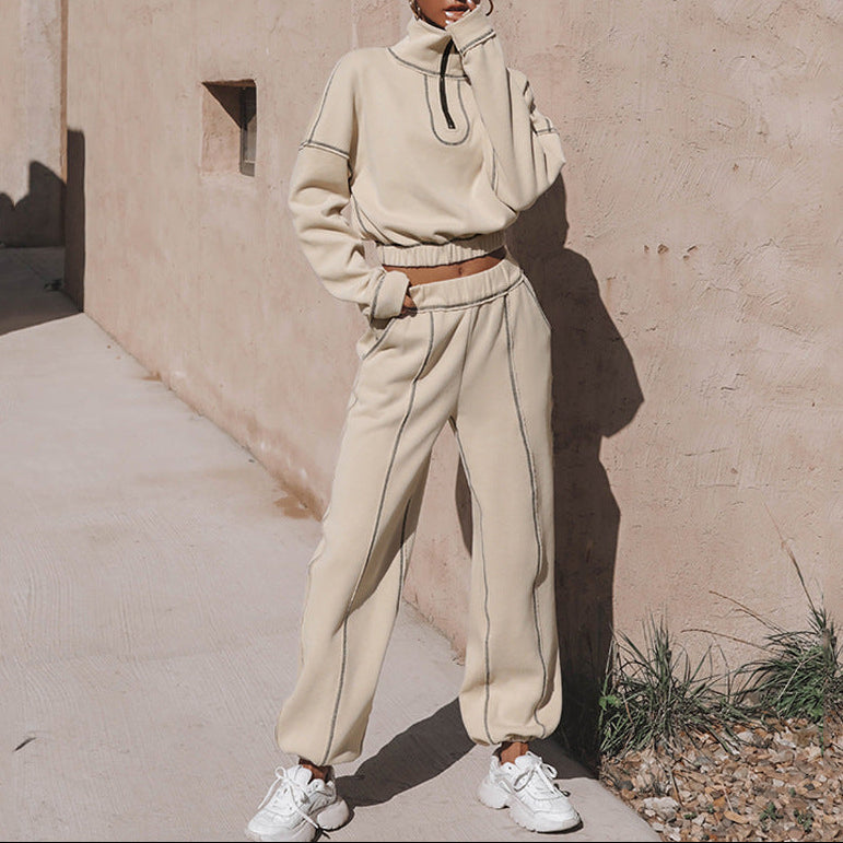 Women's Contrast Stitch Half Zip Crop Sweatshirt Jogger Set