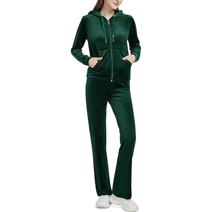 Women's Velvet Zip Hoodie Wide Leg Pants Set
