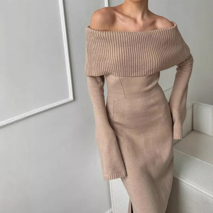 Off Shoulder Knit Maxi Dress Flare Sleeve Bodycon