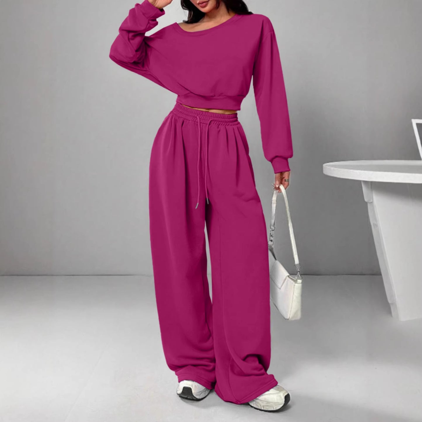 Off Shoulder Crop Sweatshirt Wide Leg Sweatpants Set