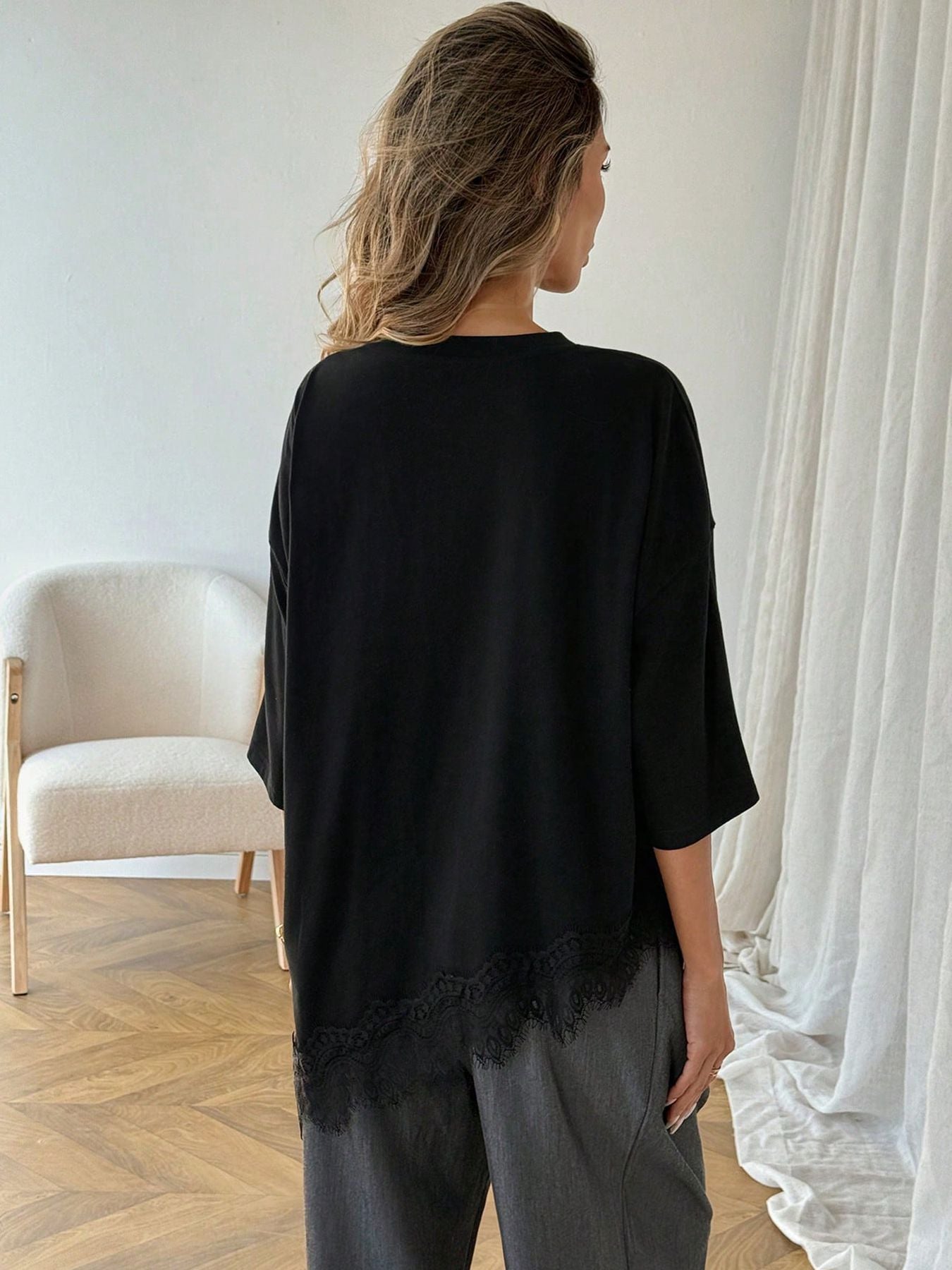 Lace Hem Cotton T Shirt Oversized Short Sleeve Casual Top