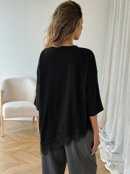 Lace Hem Cotton T Shirt Oversized Short Sleeve Casual Top