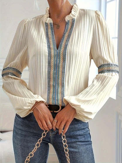Lace Trim V Neck Blouse Lantern Sleeve Elegant Top