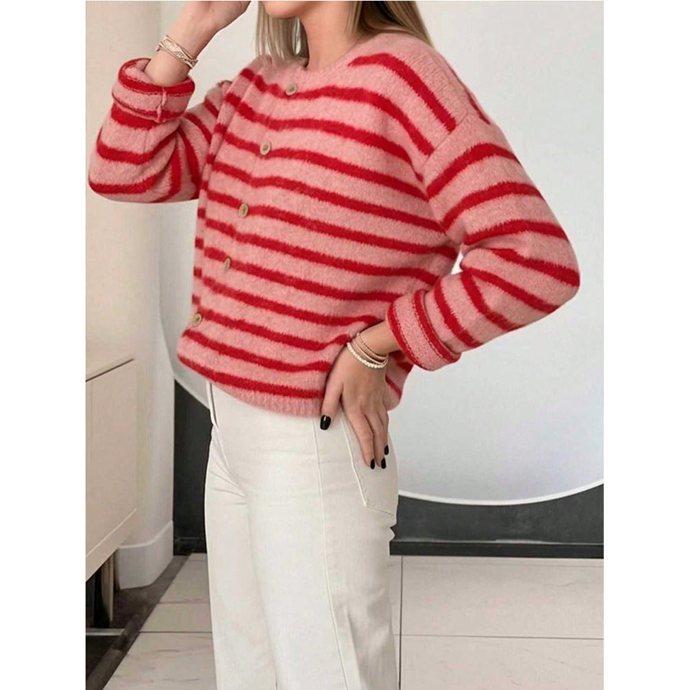 Striped Knit Cardigan Button Front Oversized Sweater
