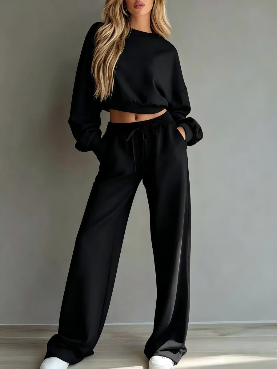 Women's Solid Lounge Set Crop Sweatshirt Wide Leg Pants