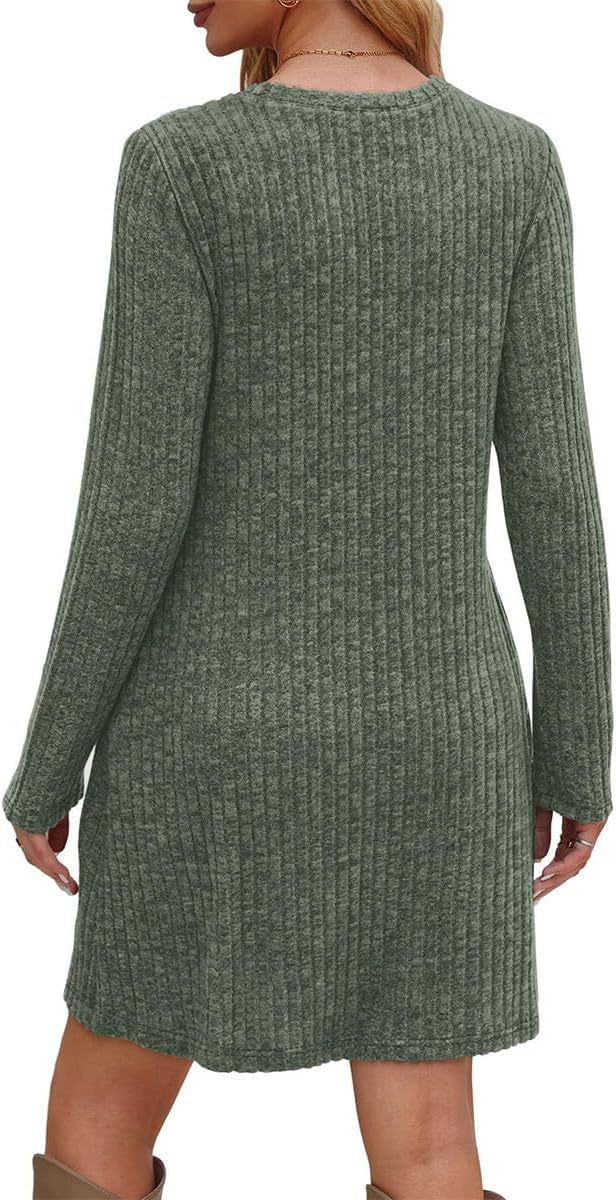 Ribbed Long Sleeve Dress with Side Buttons & Pockets