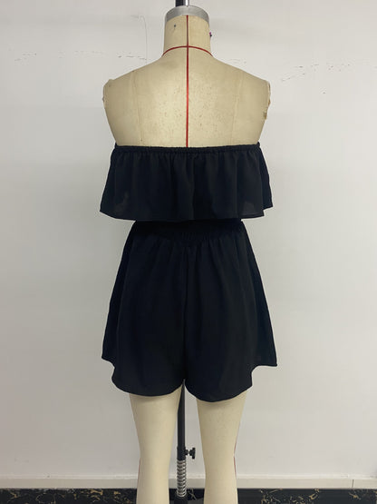 Ruffle Strapless Romper Smocked Waist Vacation Outfit