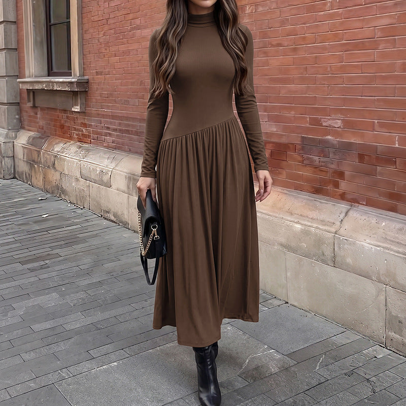 Solid Mock Neck Asymmetric Pleated Knit Maxi Dress
