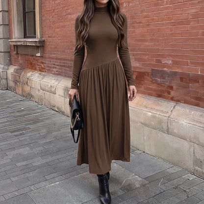 Solid Mock Neck Asymmetric Pleated Knit Maxi Dress
