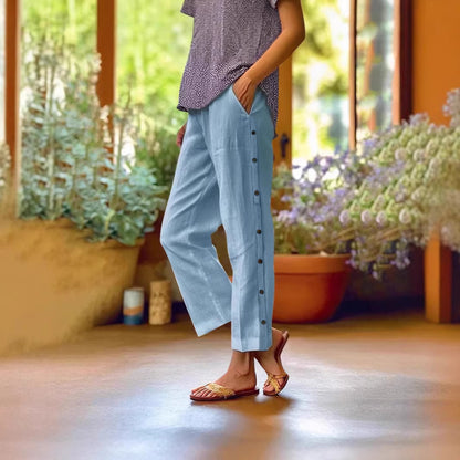Women's Linen Blend Wide Leg Crop Pants Side Button