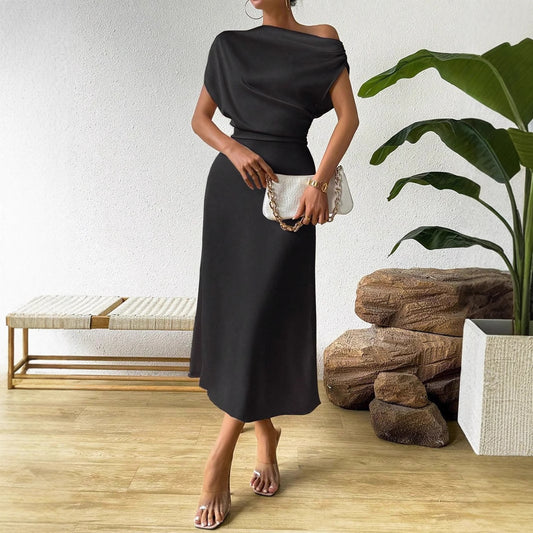 Women's Satin One Shoulder Maxi Dress Batwing Sleeve