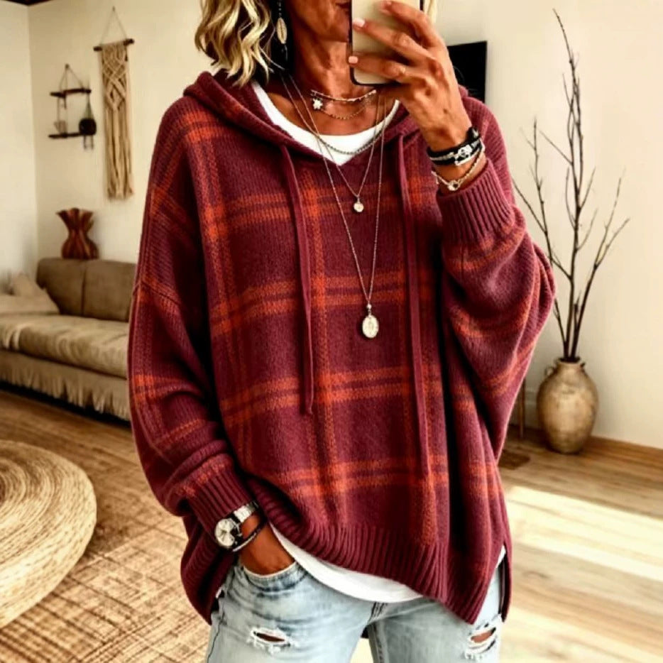 Women's Plaid Hooded Oversized Knit Pullover Sweater