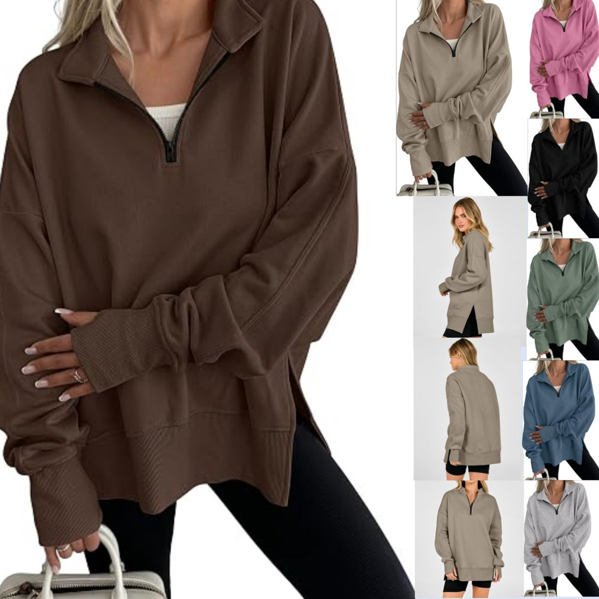 Oversized Half Zip Sweatshirt Side Slit Pullover Tunic