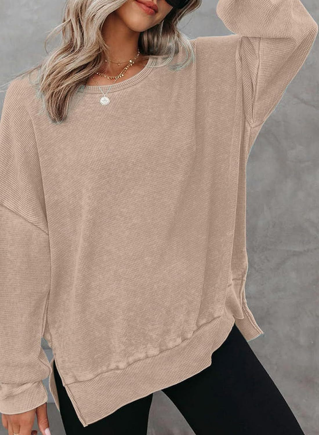 Waffle Split Hem Sweatshirt Women Casual Long Sleeve Top