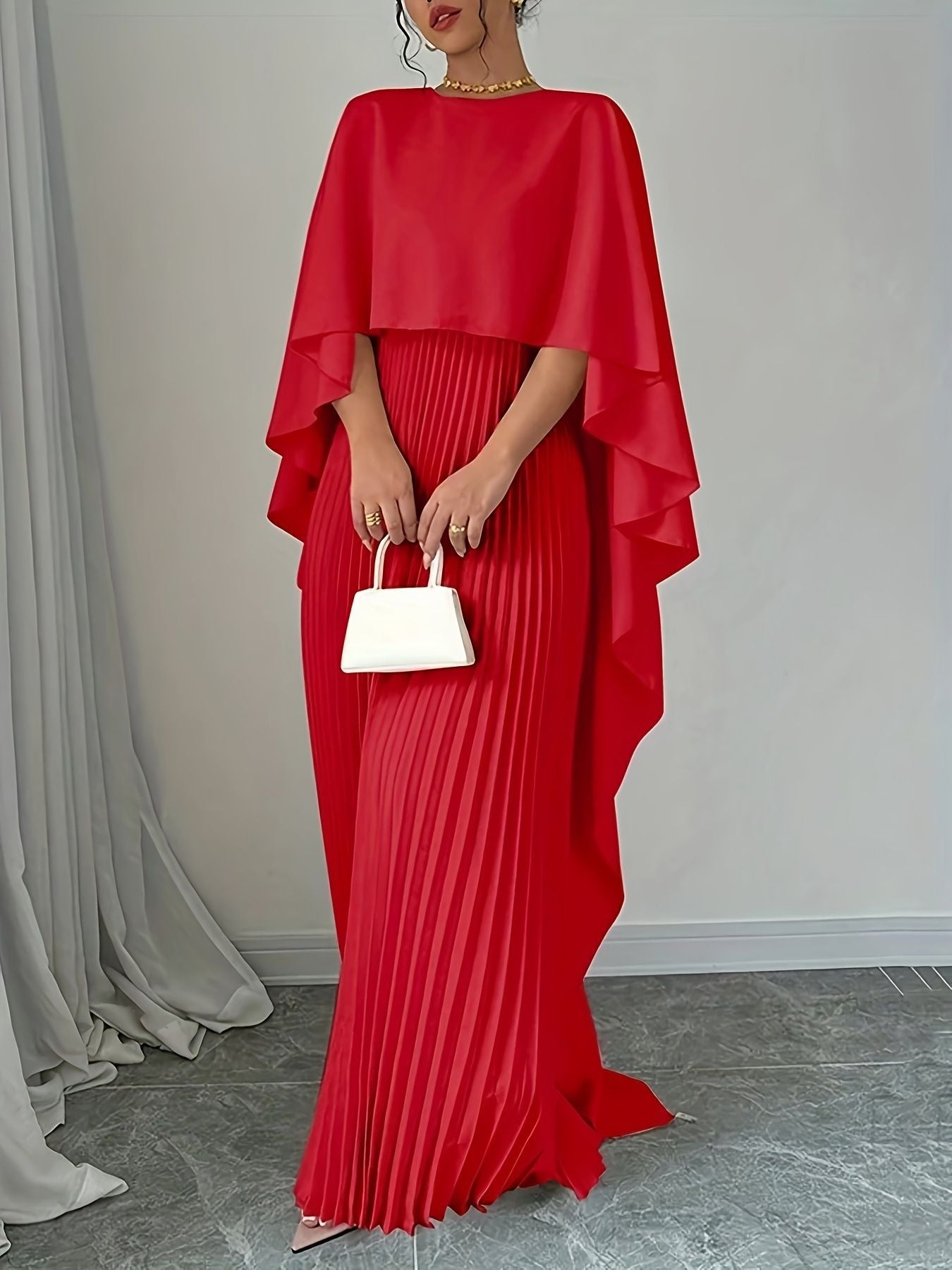 Women's Pleated Cape Sleeve Asymmetric Maxi Dress