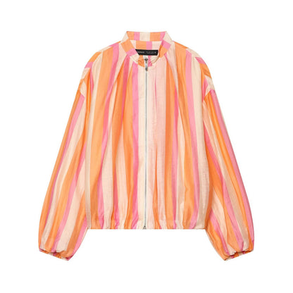 Women's Striped Bomber Jacket Zip Up Stand Collar