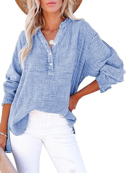 Womens Cotton Textured Long Sleeve Button Blouse