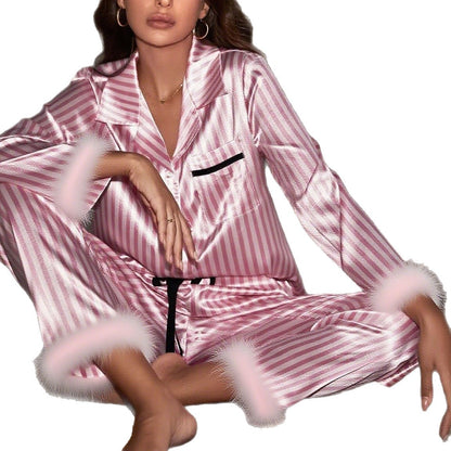 Women's Satin Striped Feather Trim Pajama Lounge Set