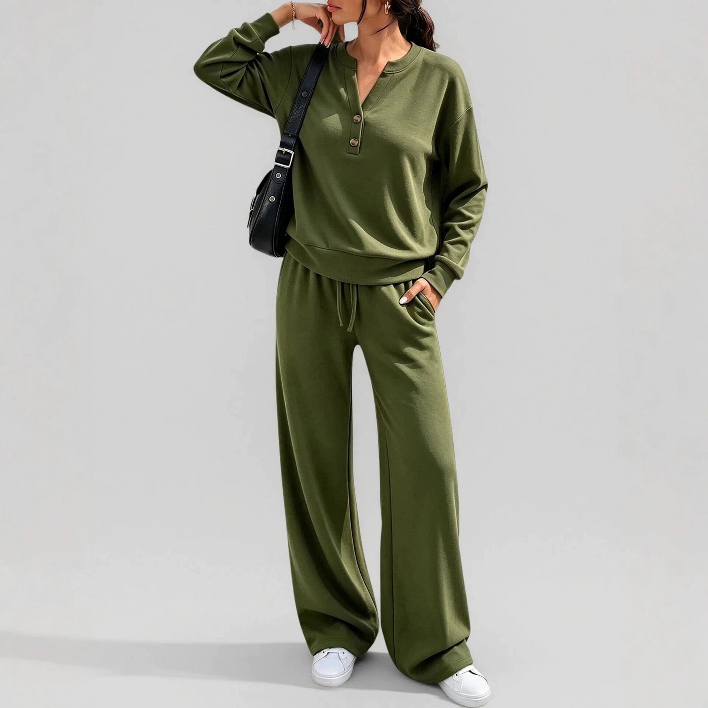 Women's Matching Lounge Set Henley Top Wide Leg Pants