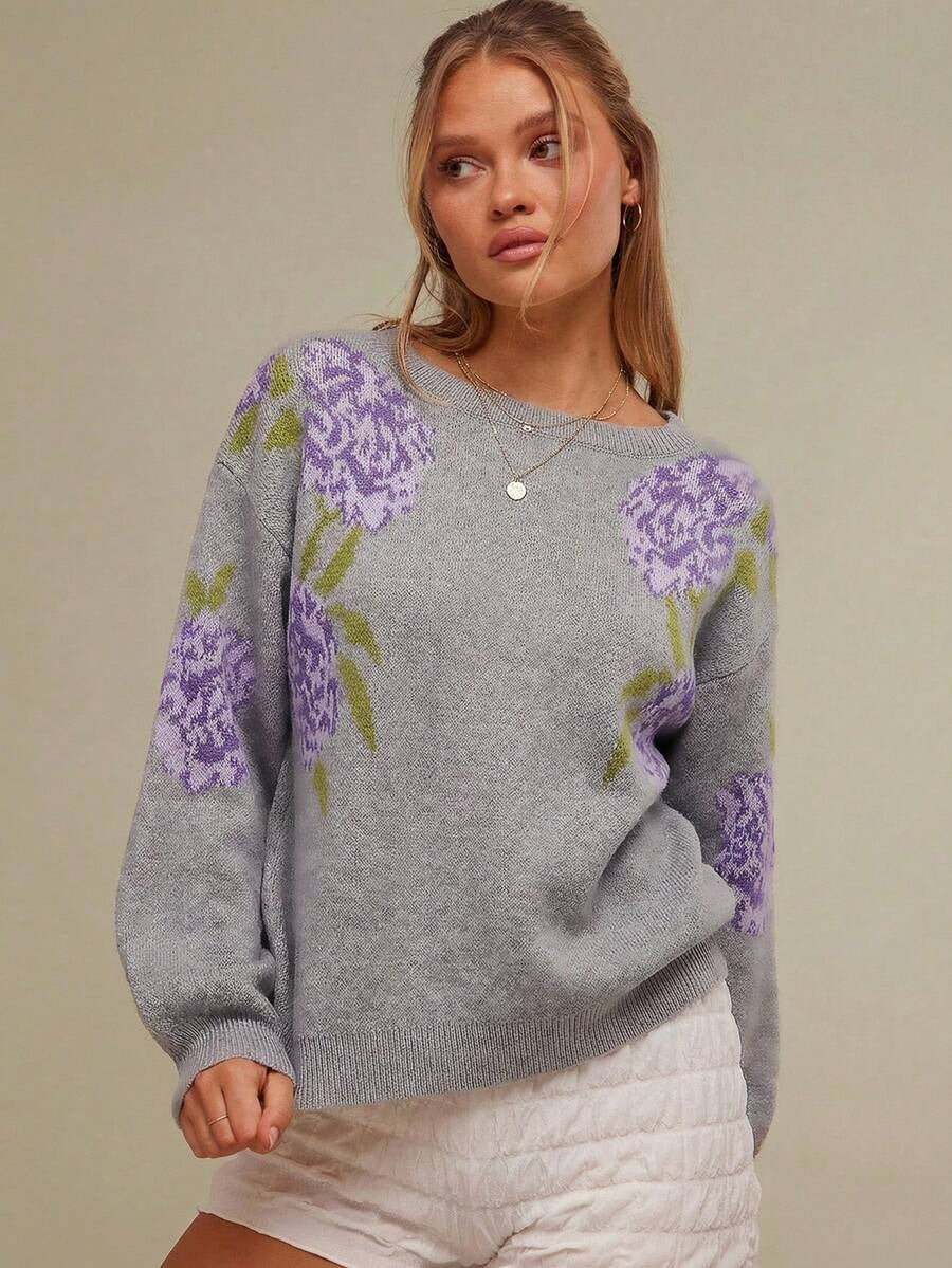 Women's Oversized Floral Crew Neck Knit Sweater